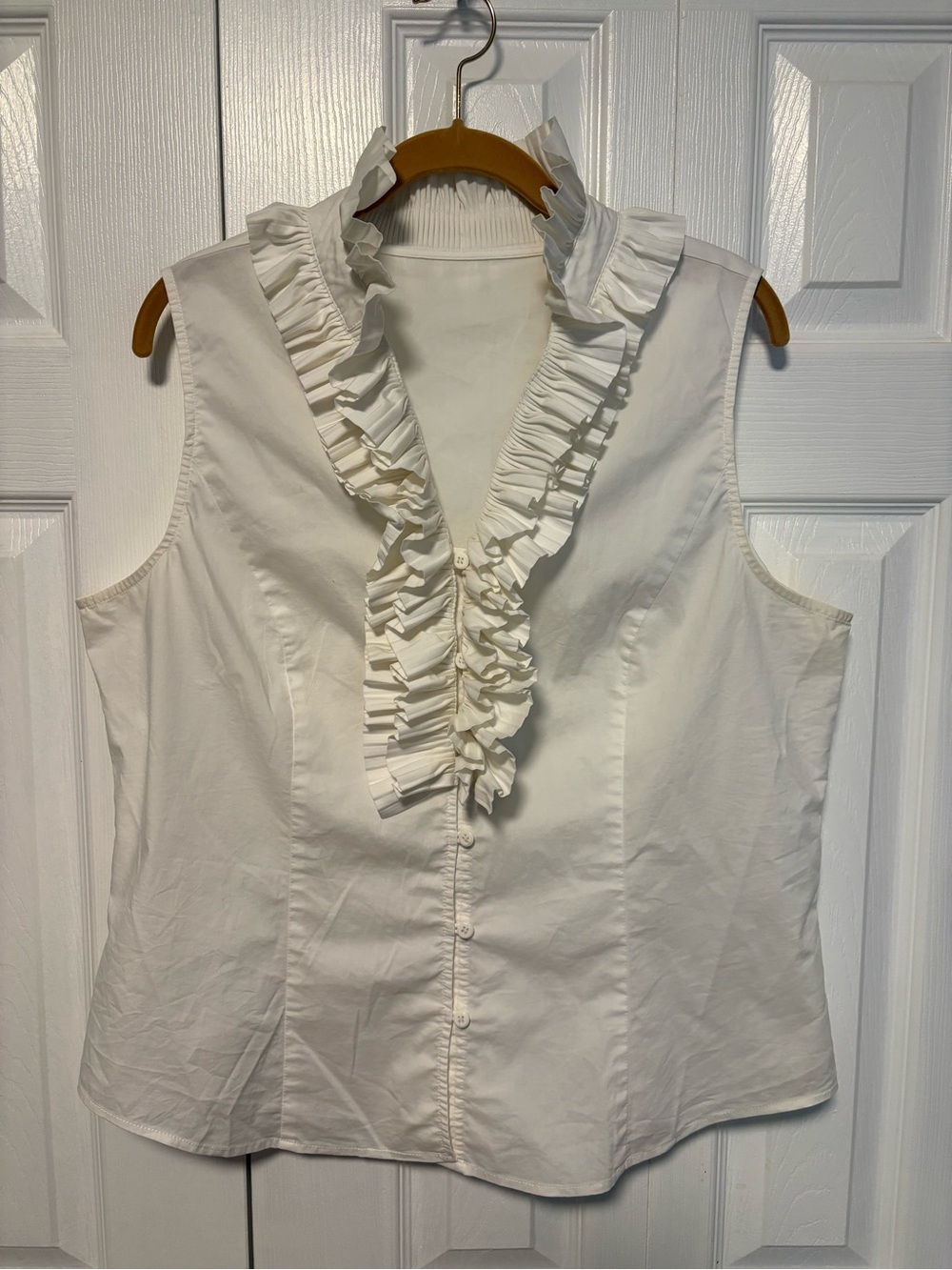 Elegant White Sleeveless Ruffle V-Neck Blouse - Stretchy Cotton Blend Fabric